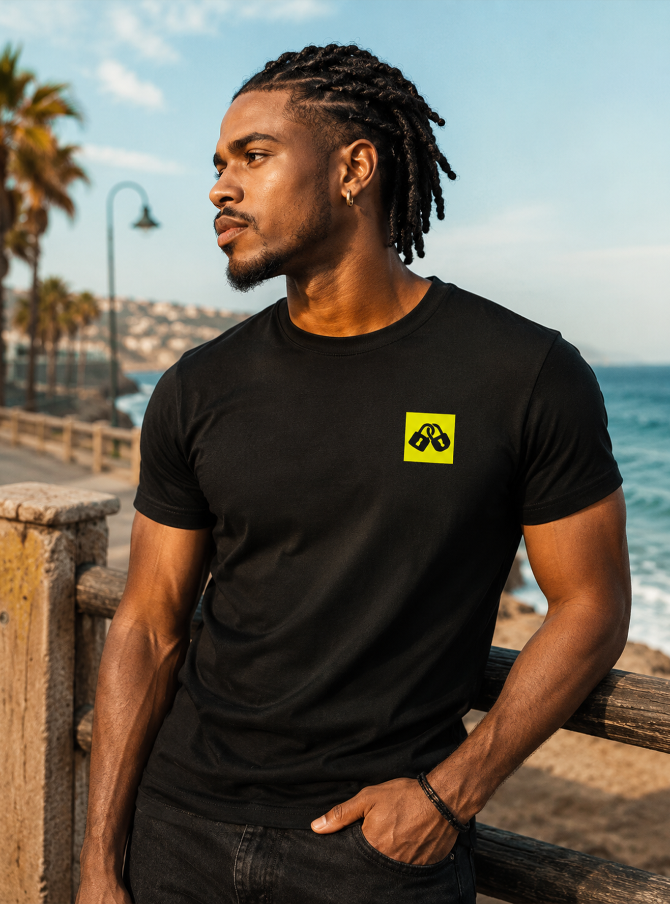 CAMISETA DE MANGA CORTA CLASSIC SURF H NEGRA DETALLE AMARILLO