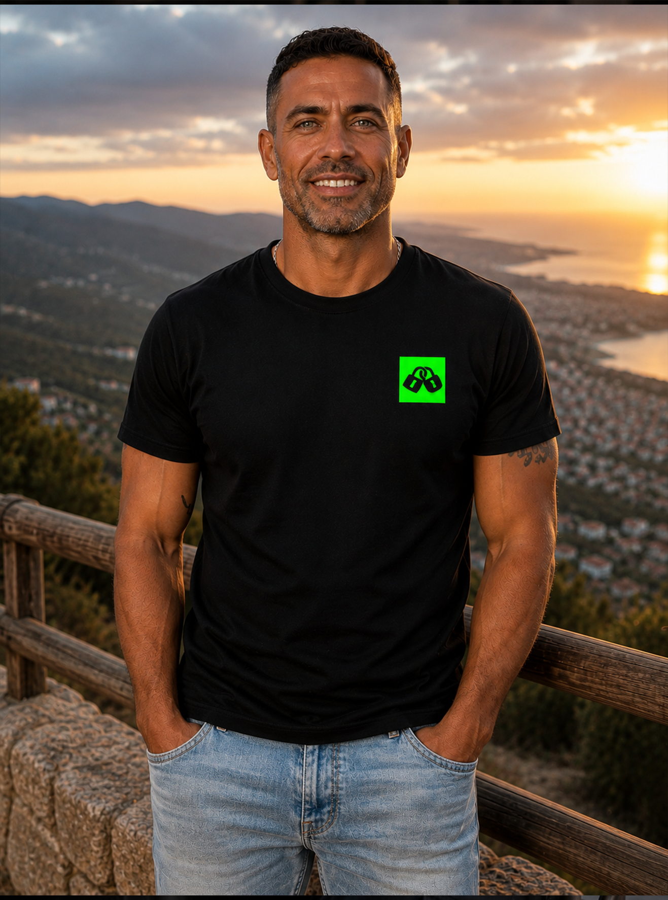 CAMISETA DE MANGA CORTA CLASSIC SURF H NEGRA DETALLE VERDE